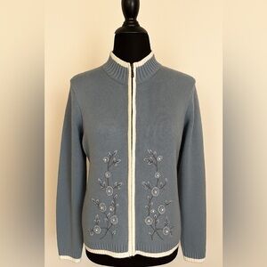 Women’s Crystal-Kobe Elegant Blue and White Cardigan with Floral Details